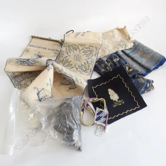 Assorted embroidery; bead work chair panel, sari trim, Dutch bell pull etc.